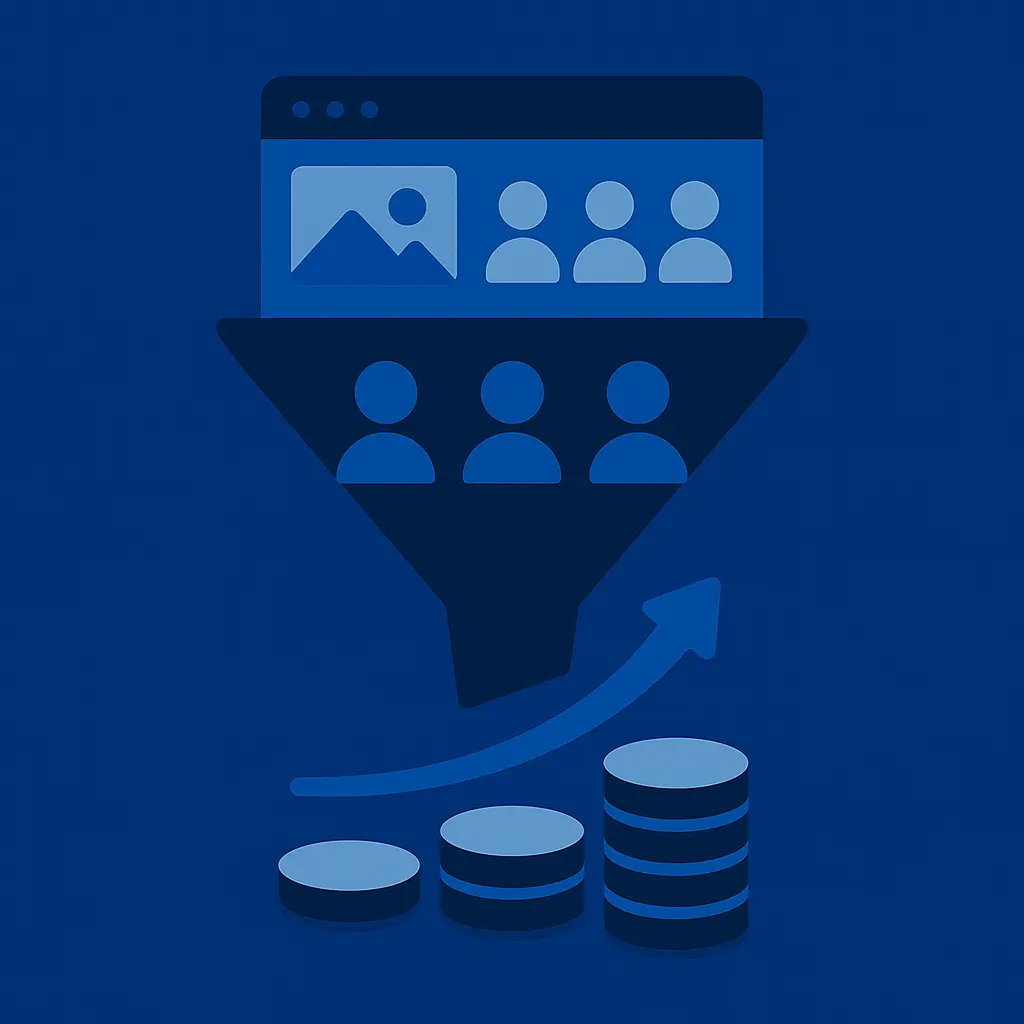Diagram showing a website guiding users through sales funnels and conversions